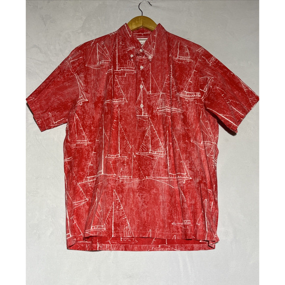 VTG Kahala Mens Hawaiian Shirt Large Red Sailboats 1/4 Button Collared Pullover - Picture 1 of 12